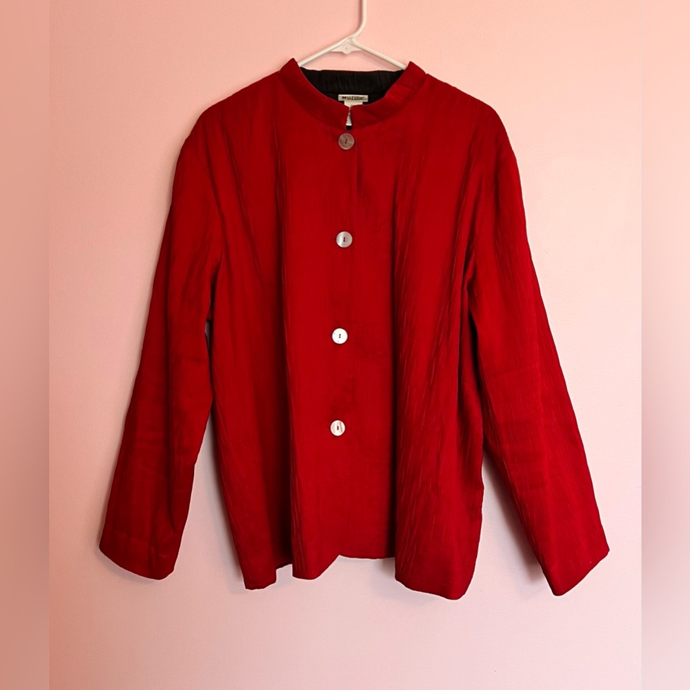 Red Crinkle Textured Blazer Jacket. Relaxed Fit. Black lined. 2X
